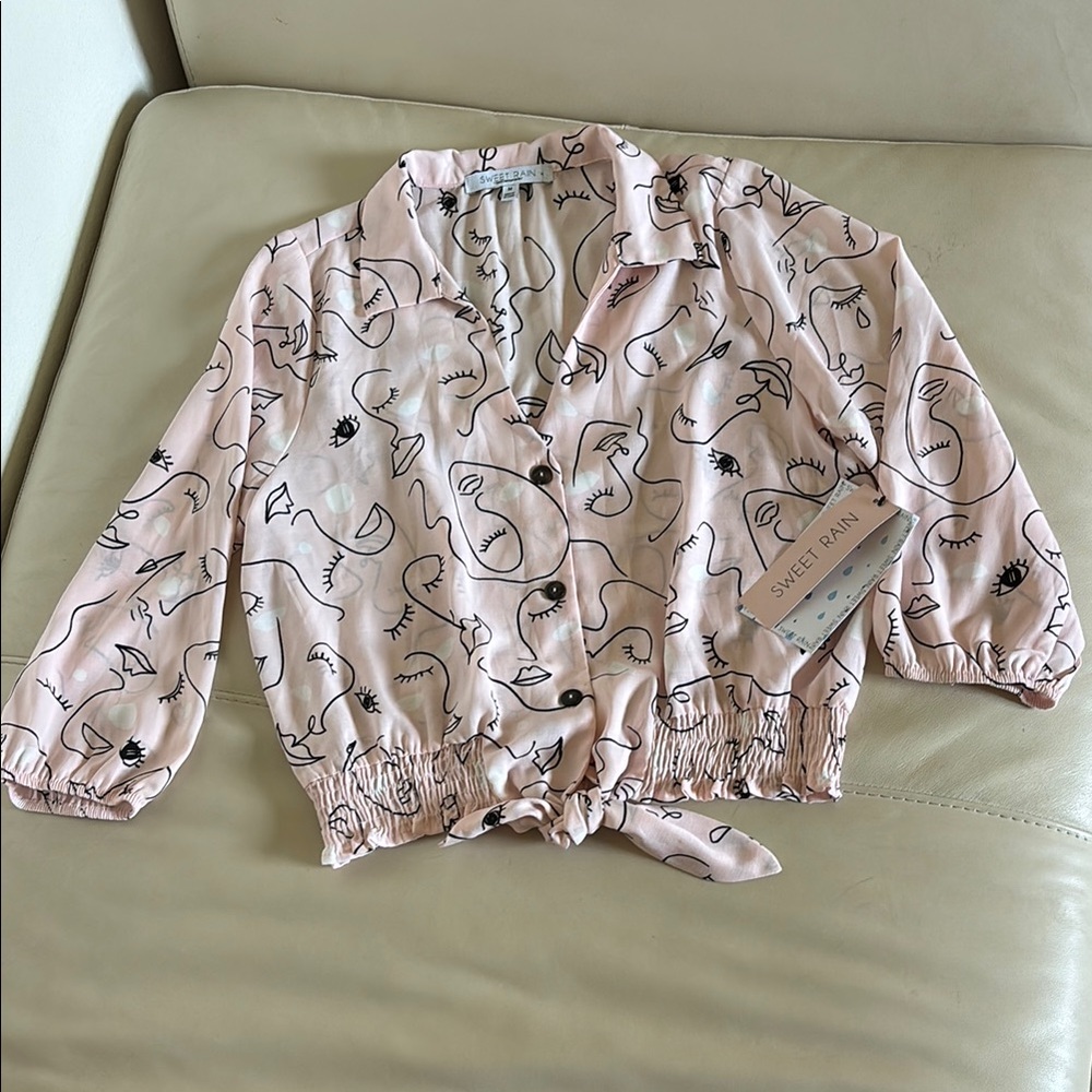 NWT Pink and Black Artistic Face Blouse